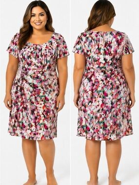 Kay Unger Floral Ruched Midi Dress Pink Garden Party Wedding Guest Size 16